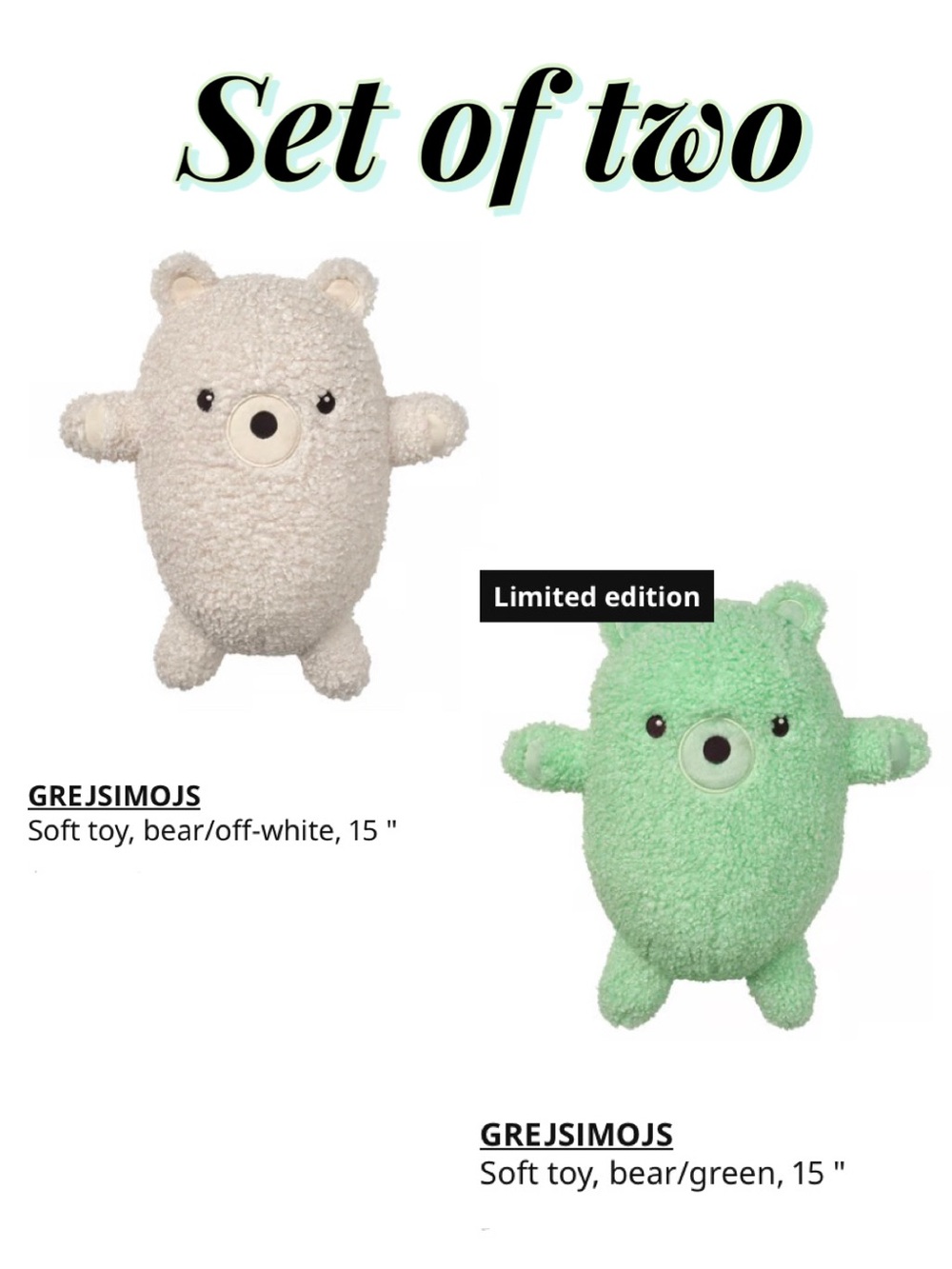 Plush Bear Set - Off-White & Green, 15" - Soft Toy (Set of 2)
